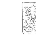 Ein Bär mit Schal sammelt Pilze in einem Korb. Bäume, Wolken und Blätter im Hintergrund einer herbstlichen Landschaft.