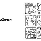 Text: "ZUM AUFWÄRMEN". Neun einfache Illustrationen: Tiere, ein Vogelhaus, eine Melone und ein Kürbis.