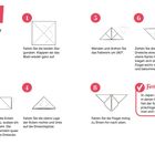 Origami-Anleitung für einen Schmetterling mit 8 Schritten, beginnend mit dem Falten der Diagonalen eines Blattes.