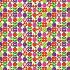 Nahtloses Muster mit Erdbeeren, Kirschen, Himbeeren, Johannisbeeren und Blättern in Rot, Grün und Lila auf weißem Hintergrund.