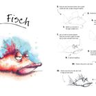 "Ein Fisch" zeigt einen mürrischen Fisch in Rot- und Orangetönen. Rechts ist eine Zeichenschritt-Anleitung.