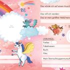 Text mit Eingabefeldern: Name, Wohnort, Klasse, Haar- und Augenfarbe, Größe. Illustrationen von Einhörnern, Regenbögen, Wolken.