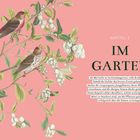Kapitel 2: IM GARTEN. Zwei Vögel auf Zweigen mit weißen Beeren auf rosa Hintergrund.