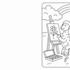 Illustration: Ein Schaf malt eine Blume, eine Kuh einen Regenbogen. Beide sitzen in einer Wiese, umgeben von Wolken und einem Regenbogen.