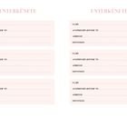 Überschrift: UNTERKÜNFTE. Vier Kästen mit Feldern für Name, Ansprechpartner*in, Adresse, Sonstiges. Zwei Dekoblumen.