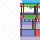 Nummer "10" links oben, pastellfarbige Punkte, rechts bunte Marktstände in zwei Reihen, blauer Himmel, Baum.