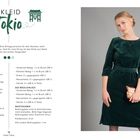 „KLEID Tokio“ und Materialien für ein vielseitiges Kleid. Rechts eine Frau in einem dunkelgrünen Kleid mit Kupplung.