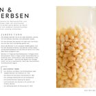 Titel: "Bohnen & Kichererbsen". Zutaten: 150 g weiße, gekochte Bohnen, 200 ml Wasser, 6 g Salz. Ein Glas mit weißen Bohnen.