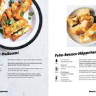 Links: "Gegrillter Halloumi" Rezept mit Bild von Halloumistreifen mit Kräutern. Rechts: "Feta-Sesam-Häppchen" Rezept mit Bild von knusprigen Teigtaschen.