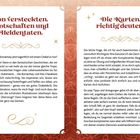Linker Text: "Von versteckten Botschaften und Heldentaten."
Rechter Text: "Die Karten richtig deuten."

Zwei Textseiten in Rot und Weiß gehalten.
