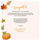 Text: „Los geht’s! Genug der Theorie – ran an die Stifte! … Viel Spaß beim Ausmalen!“  
Illustration: Herbstblätter und Kürbis.