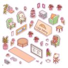 „Cozy Bakery“, „Drinks & Treats“. Illustration mit Tierfiguren, Möbeln und Pflanzen in einem gemütlichen Café.