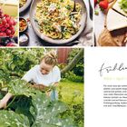 Frühling März – April – Mai. Bilder von frischen Lebensmitteln, Pasta, einer Gartenarbeit und einem Kuchen mit Erdbeeren.
