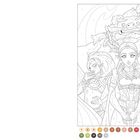 Eine Ausmalillustration mit nummerierten Bereichen. Unten sind Farben von 1 bis 21. Figuren im Fantasiestil.