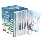 "24 Rätselkrimis im Advent" steht auf einer Box. Illustrationen von schneebedeckten Hütten und einem Tannenbaum.