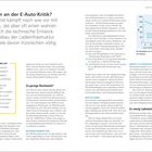 **Was ist dran an der E-Auto-Kritik?** Die Elektromobilität kämpft mit Vorurteilen, die teils wahr sind.  
Texte: Ist Reichweite zu gering? Ladeinfrastruktur?  
Diagramm zeigt: Höchstgeschwindigkeit im Verhältnis zur Reichweite.