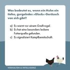 Frage: Huhn Geräusch Bedeutung? 
a) Warnung Greifvogel. 
b) Futterquelle. 
c) Kampfbereitschaft. 
Unten: Zwei Hühnerillustrationen.