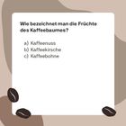 Text: „Wie bezeichnet man die Früchte des Kaffeebaumes?“ Optionen: a) Kaffeenuß, b) Kaffeekirsche, c) Kaffeebohne. Hintergrund: Kaffeemotive.