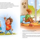 Zwei Kinder; eins hält Spielzeug, das andere hält sich die Ohren zu. Eine Frau sitzt mit einem Kind auf Kissen vor einer Tür.