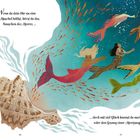 Text: „Wenn du dein Ohr an eine Muschel hältst, hörst du das Rauschen des Meeres ... doch mit viel Glück kannst du auch das Summen oder den Gesang einer Meerjungfrau hören.” Illustration: Muschel, Meerjungfrauen und Fische.