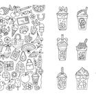 Illustration von Getränken mit Eiswürfeln und Früchten. Daneben Symbole wie Erdbeere, Seestern, Fächer und Geschenke.