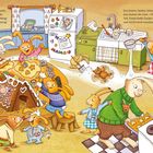 In einer bunten Küche backen Hasen Plätzchen, dekorieren ein Lebkuchenhaus und verstreuen Zucker wie Schnee.