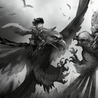 Zwei Kinder reiten kämpfende Adler in einer dramatischen schwarz-weißen Illustration, Vögel im Hintergrund.