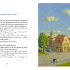 „Perzinockel, Perzinackel“, Geschichte eines Jungen, Zauberin. Illustratives Bild: fliegender gelber Bus über idyllischem Dorf.