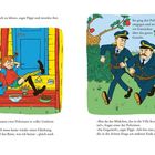 Texte: „Wie schön ist es...“, „Sie ging den Polizisten...“; Illustration von Pippi auf einem Geländer, entspannte Haltung, zwei Polizisten.