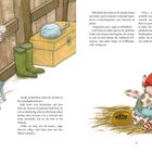 Textausschnitt:
Pelle hört nicht zu, mit Jocke sprechen.  
Illustration: Tjorven mit Mütze, Kaninchen im Arm, Stiefel, Hocker.