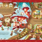 "Willkommen in Wichtelhausen!" Illustration von Wichteln bei winterlichen Aktivitäten in einem gemütlichen Dorf.