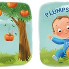 Text: „Der Apfel fällt ins Gras.“ „PLUMPS!“ 

Illustration: Ein Kind beobachtet, wie ein Apfel mit Wurm vom Baum fällt.