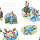 „Draußen regnet es immer noch.“ Eine Illustration mit fröhlichen Kindern in Regenkleidung, hüpfend und spielend in Pfützen.