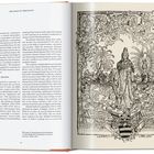 "The Book of Chronicles" steht oben. Links ein Text über Nürnberger Gelehrte, rechts eine detaillierte Schwarz-Weiß-Illustration.