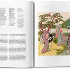 Ein Buch enthält japanische Schriftzeichen, englischen und deutschen Text sowie Illustrationen mit dem Fuji und Figuren in Kimonos.