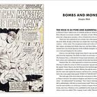 Links: "The Incredible Hulk: Less Than Monster, More Than Man!" Eine Figur steht über einer knienden Frau. Rechts: "Bombs and Monsters" von Douglas Wolk. Text über den Charakter Hulk.