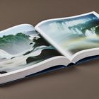 Keine erkennbaren Texte. Ein aufgeschlagenes Buch zeigt Bilder von beeindruckenden Wasserfällen und dichter Vegetation.