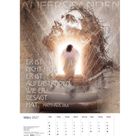 Text: "Er ist nicht hier; er ist auferstanden, wie er gesagt hat. Matthäus 28,6." Illustration: Jesus verlässt ein Grab. Kalender: März 2027.