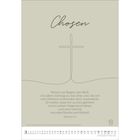 "Chosen" steht oben. Darunter ein Kreuz aus einer Linie gezeichnet. Bibelvers Epheser 1,4. Monatskalender unten.