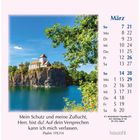 Märzkalender mit Bibelvers: "Mein Schutz und meine Zuflucht, Herr, bist du!" Psalm 119,114. Bild von einer Kirche auf Felsen.