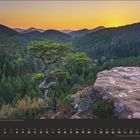 Kalenderblatt für März, darunter Monatsübersicht. Sonnenuntergang über bewaldeten Hügeln, ein Baum im Vordergrund.