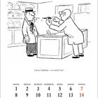 „Und das Verblüffende – es ist wirklich Tinte!“ Illustration: Ein Mann sprüht Tinte auf das Hemd eines anderen. Kalender unten.