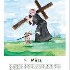 Kalenderblatt für März mit gemalter Figur in schwarzer Kutte, die ein großes Kreuz trägt, und einem Hasen mit Malutensilien.