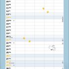 Kalender für März mit Wochentagen. Illustration: Katze betrachtet ihr Spiegelbild in einer Pfütze, daneben eine Maus.