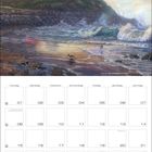 Kalender mit leeren Feldern für März, Gemälde eines Leuchtturms auf einem Hügel, Meer und Vögel im Hintergrund.