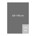 „68 × 98 cm, DIN A4.“ Dunkelgraues Rechteck mit kleinerem hellgrauen Rechteck unten rechts.