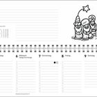 Kalenderseite für Januar. Illustration: Drei Könige mit Stern beobachten eine Katze. Feiertag: Heilige Drei Könige am 6. Januar.