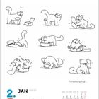Kalenderseite vom 2. und 3. Januar. Illustration einer Katze, die mit einer offenen Schachtel spielt. "Fortsetzung folgt ...".