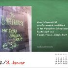 „1x Bartwurst mit extra süßem Senf €3,80.“ Daneben Infos zu Wurstspezialität. Unten Kalender mit Datum 2./3. Januar.
