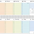 Kalender mit Wochentagen 25-31 und 1-7, Januar/Februar, KW 4-5, Monatsübersicht Januar-März. Verschiedene Farben für Tage.